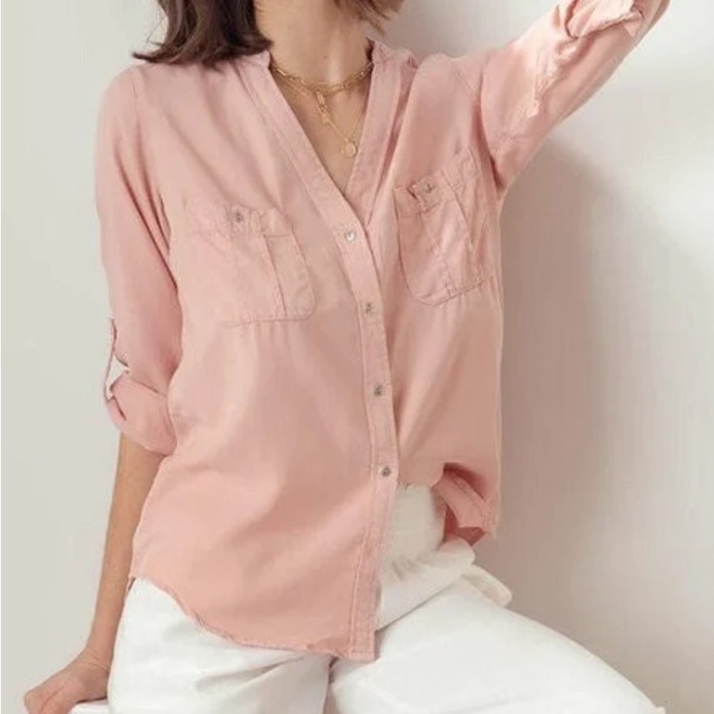 Pink Relaxed Button size L  Down Shirt with Cuffed Sleeves